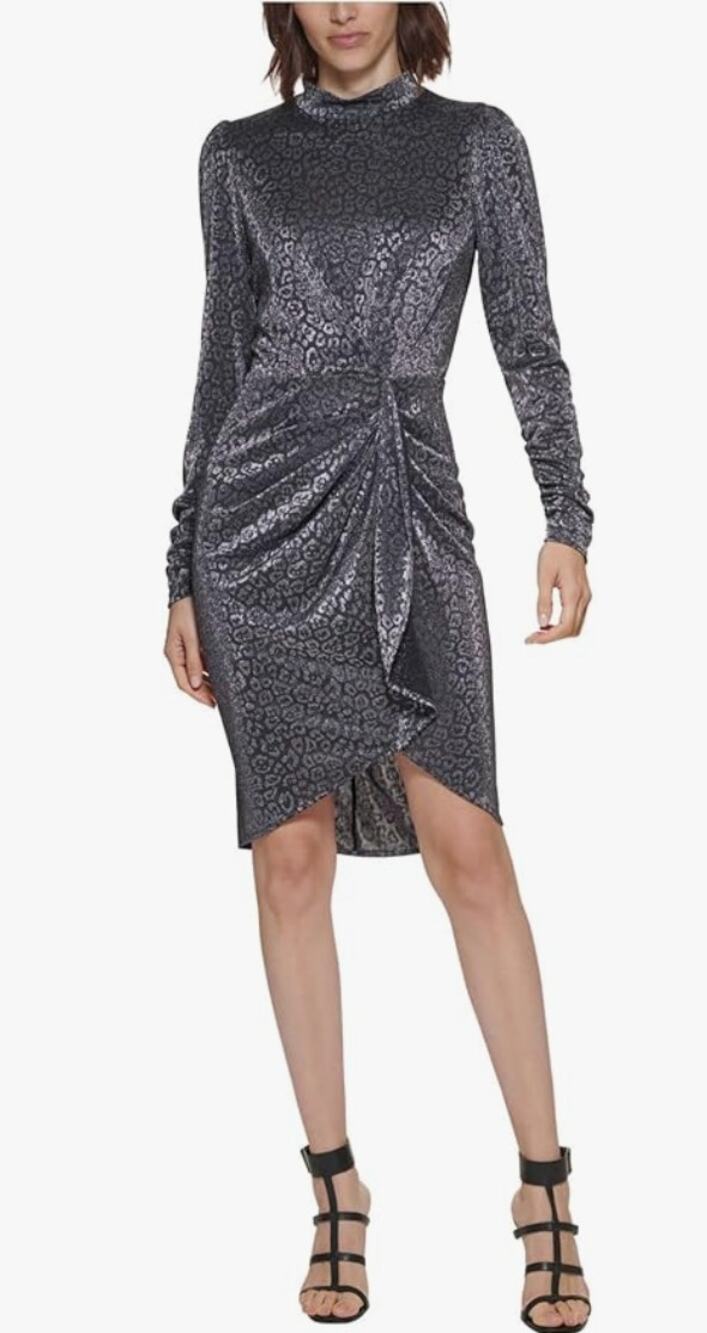 Calvin Klein Long Sleeve Faux Wrap Dress 10 Leopard Shimmer Gray Silver Ruched